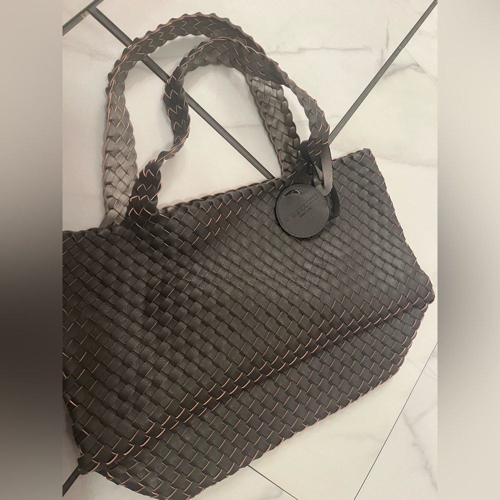 Large woven silver and tan bag